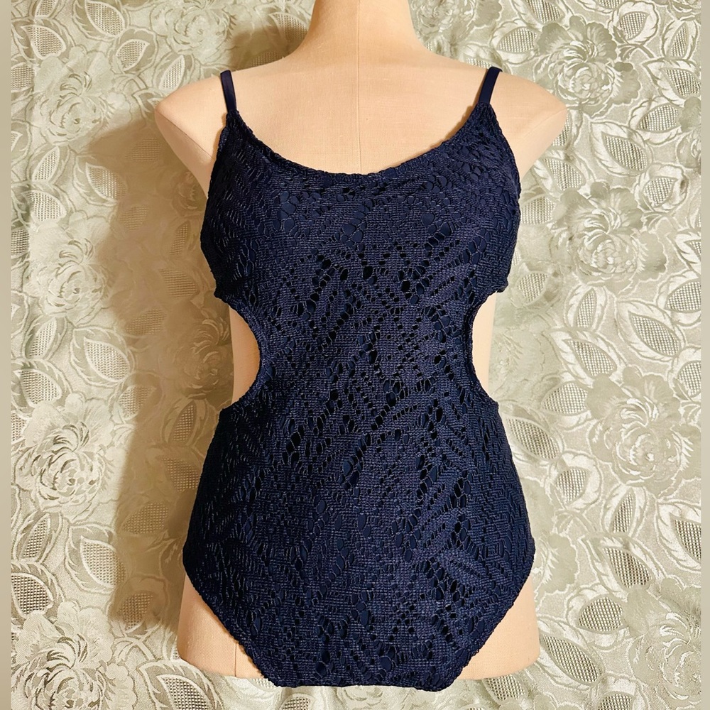 aerie Navy Crochet One-Piece Cheeky Swimsuit